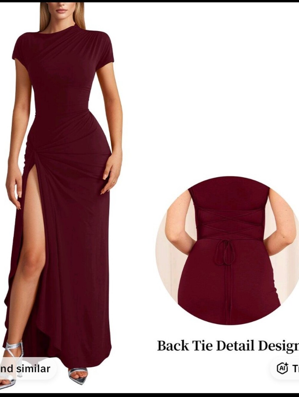 OYS Women's Short Sleeve Boat Neck Ruched High Split Bodycon Long Party Dress